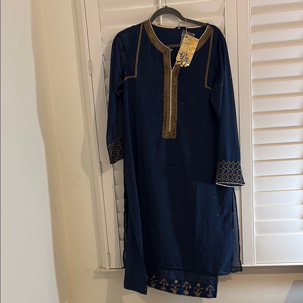 Blue and Tan Embellished Long Sleeve Dress